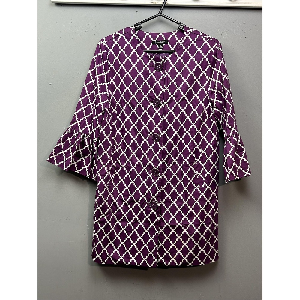Jennie & Ray Coat Womens Medium Purple White Trellis Print Bell Sleeve Lined